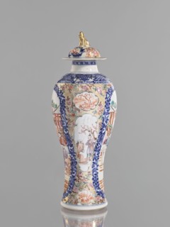 Vase with a lid, Chinese, Chinese art, ceramics; colored porcelain with figurative scenes; lid