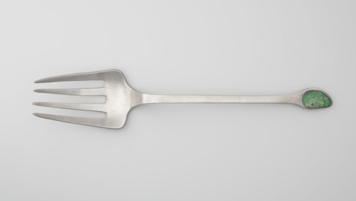 Serving fork; maker, Chinese; cutlery decorated with bats and coins; used in kitchens; Qing dynasty