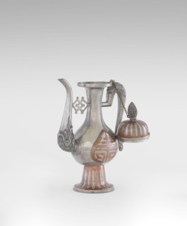 Wine jug, Chinese, plastic decorations of lotuses, longevity shou character, and dragons; Qing