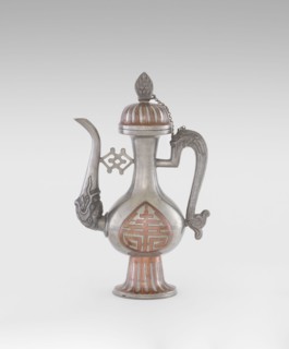 Wine jug, Chinese, plastic decorations of lotuses and longevity shou and dragons, Qing 1644–1911,