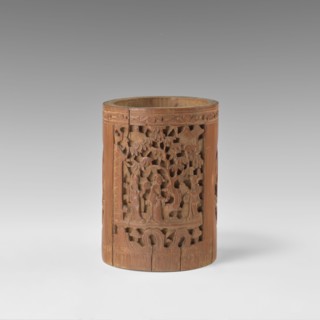 Brush vessel, Chinese, Qing 1644–1911, early 20th century. Porcelain container with bas-relief
