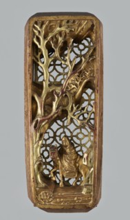 Monk on Horseback Under a Tree — decorative panel;, Chinese; horses and monks iconography;