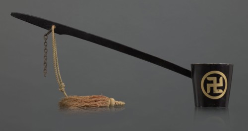 Ritual ladle, Chinese, Qing 1644–1911, Chinese Buddhism ritual vessel with swastikas painted gold.