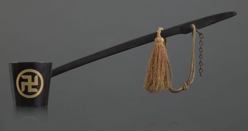 Ritual ladle, Chinese, Qing 1644–1911, Chinese Buddhism, ritual vessel with swastikas painted gold.