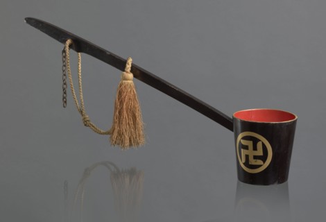 Ritual ladle, Chinese, Qing 1644–1911, Chinese Buddhism ritual vessel with swastikas painted gold.