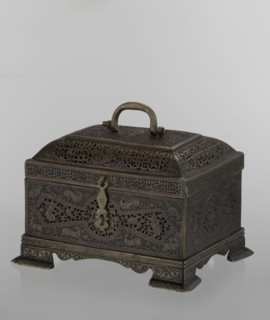 Box; rectangular on four feet with a lid and a handle on top. Persian Iran, Qajar dynasty, 19th