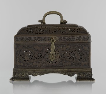 Box; rectangular box on four feet with lid and a handle on top. 19th century; Iran Qajar dynasty,