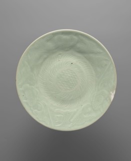 Plate — celadon; maker, Chinese; ceramics; geometric decorations and plant ornaments; vessel;