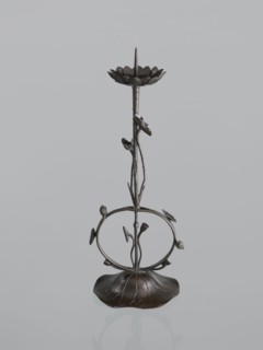 Candlestick shokudai, maker: Takimoto Iwami, Japanese; motifs: lotuses and leaves; Meiji period