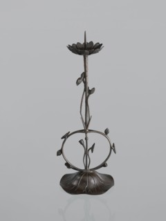 Candlestick shokudai, maker Takimoto, Iwami; Japanese; decorated with lotuses and leaves; style: