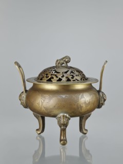 Ding-type incense burner with cover, Chinese, ceremonial vessel censer, bronze, engraved plant