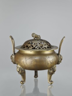 Ding-type incense burner with cover, Chinese, ceremonial vessel, ding-type censer, engraved plant