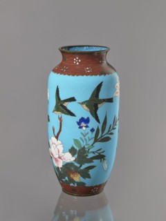Vase, Cloisonné enamel on copper with brass rims at the spout and foot. Short, slightly flared neck