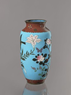 Vase, Cloisonné enamel on copper with brass rims at the spout and foot. Short, slightly flared neck