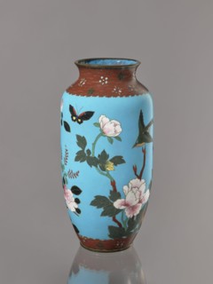 Vase, Cloisonné enamel on copper with brass rims at the spout and foot. Short, slightly flared neck