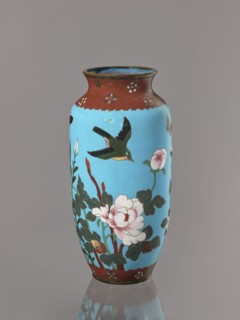 Vase, Cloisonné enamel on copper with brass rims at the spout and foot. Decoration: large roses and