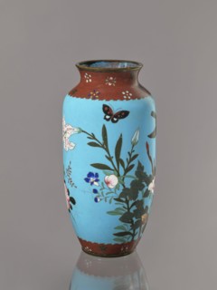 Vase, Cloisonné enamel on copper with brass rims at the spout and foot. Decoration: large roses and