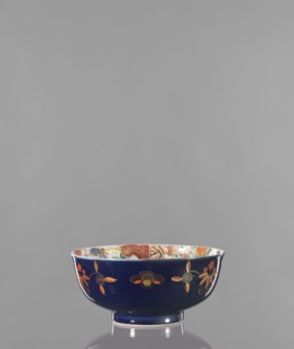 Bowl, ; colored porcelain; decorated with flowers, lotuses, and fantastic animals fo; Japanese art,