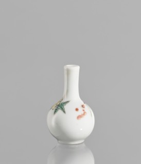 Bottle, very small ovoid bottle with a long, thin, straight neck. White glaze, painted with enamel
