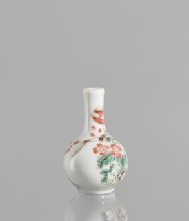 Bottle, very small ovoid bottle with a long, thin, straight neck. White glazed colored porcelain