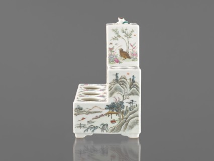 Pedestal for a writing set three-stage, ceramics, colored porcelain; decorated with flowers,