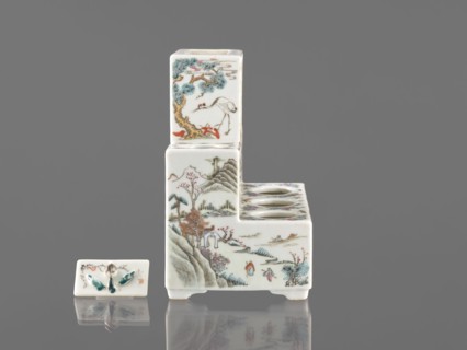 Pedestal for a writing set three-stage, late 19th century, China. Colored porcelain with raised