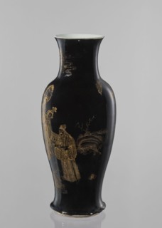 Vase, Elongated vase with a wide neck. Decoration painted with gold on a black background; figural