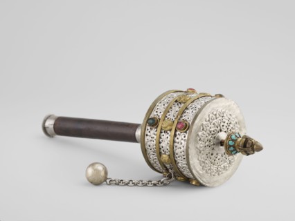 Prayer wheel, Tibetan, 19th century. Cult object used in Buddhist rituals; scrolls inside.