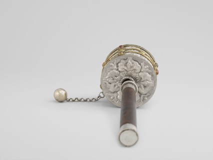 Prayer wheel, Tibetan, 19th century. Cult object used in Buddhist rituals; scrolls. Materials not