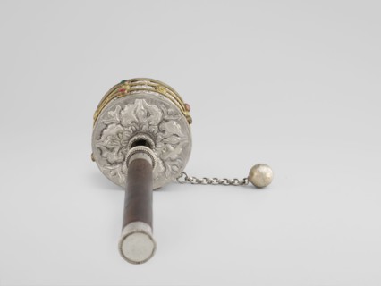 Prayer wheel;, Tibetan Buddhist ritual cult object; scrolls; 19th century; Tibet; height 28 cm., An