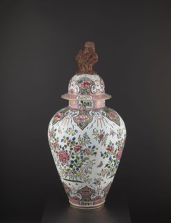 Guan vase with cover, ceramics; chrysanthemum and peony decoration with lion iconography; ovoid