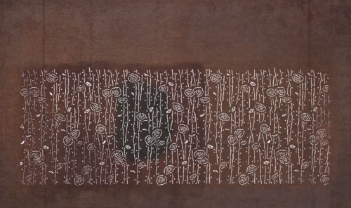 Katagami dyeing stencil with a leaf motif on branches eda ni ha moyô, creator unknown, chuban