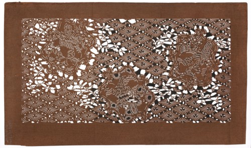 Dyeing stencil katagami with a motif of rhomboidal flower rosettes and birds hanabishi ni tori