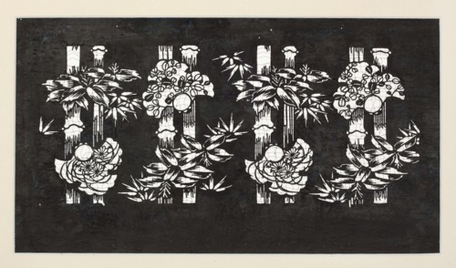 Katagami dyeing stencil with a motif of bamboos and bulging sparrows take ni fukura suzume,