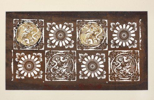 Katagami dyeing stencil with a stylised checkered motif with dragons and chrysanthemums ichimatsu