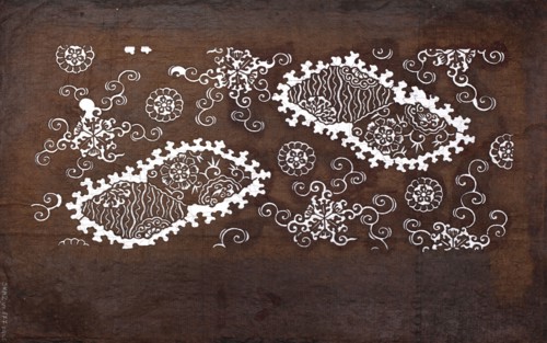 Katagami dyeing stencil with a motif of stylized rhombuses with flowers and round floral motifs