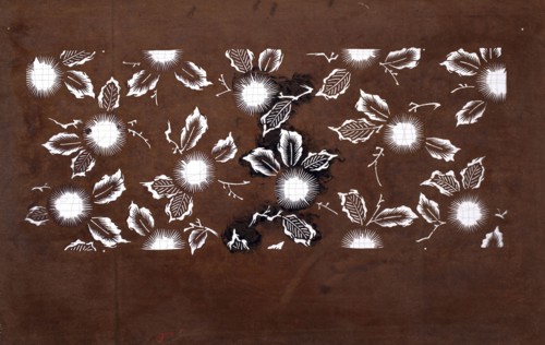 Katagami dyeing stencil cut into a pattern composed of flowers and leaves; katagami stencil, plant