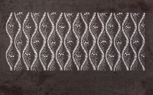 Katagami dyeing stencil; tatewaku wavy clouds pattern with tiny flowers and leaves, geometric and