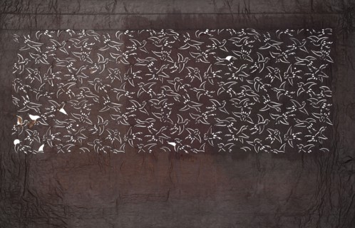 Katagami dyeing stencil; pattern of densely arranged birds in flight, ise-katagami stencil, Meiji