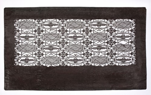 Katagami dyeing stencil; geometric-floral pattern stylized after the traditional Chinese brocade