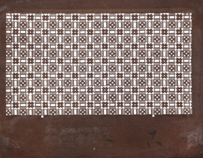Katagami dyeing stencil; pattern with a dense arrangement of ornamental squares and stripes,