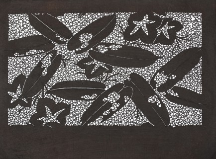 Katagami dyeing stencil; pattern of large pisci and paulownia flowers against a background of dense