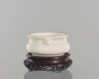 Table stand, shallow recessed base on four feet; geometric and plant ornament; Chinese; Qing