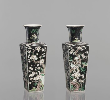 Pair of vases, Chinese, 18th century, colored porcelain famille noire, decorated with birds, plums,