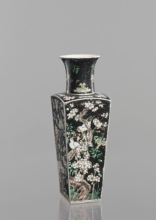 Pair of vases; Chinese; ceramics; colored porcelain in famille noire palette; decorated with birds,