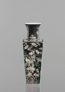 Pair of vases, Chinese, 18th century, colored porcelain famille noire, decorated with birds, plums
