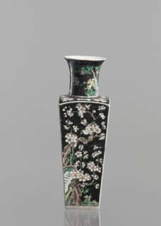 Pair of vases, Chinese, 18th century, colored porcelain famille noire, decorated with birds, plums