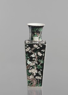 Pair of vases, Chinese, 18th century, colored porcelain famille noire, decorated with birds, plums