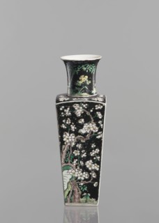 Pair of vases, Chinese, ceramics, colored porcelain famille noire, decorated with birds, plums, and