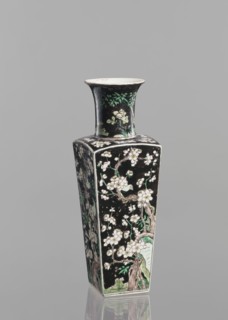 Pair of vases; Chinese; 18th century; colored porcelain famille noire; decorated with birds, plums,